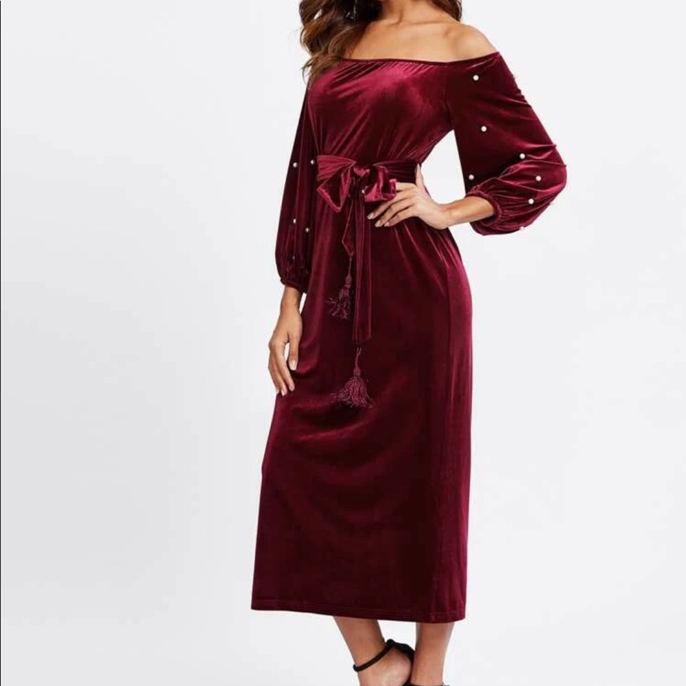 Pearl Beading Lantern Sleeve Velvet Bardot Dress